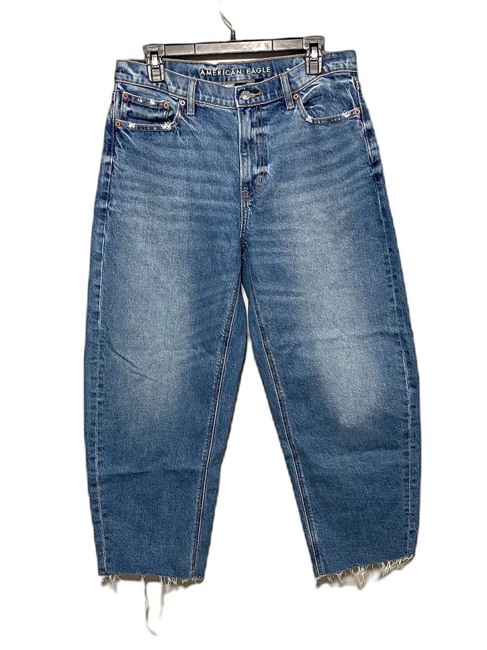 American Eagle High Rise Barrel Jeans Medium Wash Distressed Womens 8S